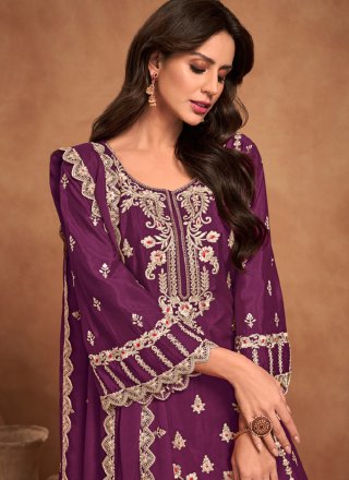 Purple Chinon Readymade Salwar Suit with Embroidered Work for Ceremonial