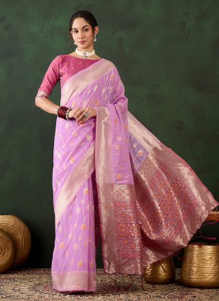 Purple Cotton Classic Sari with Woven Work for Women