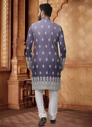 Purple Cotton Embroidered and Thread Work Kurta Pyjama