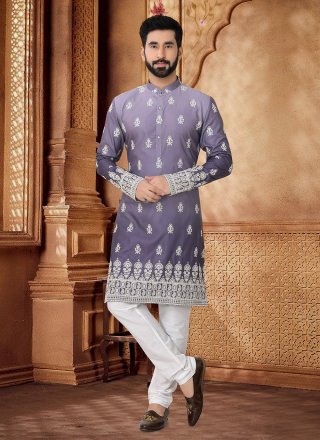 Purple Cotton Embroidered and Thread Work Kurta Pyjama