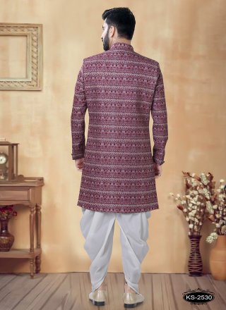 Purple Cotton Embroidered, Sequins and Thread Work Sherwani Mens Wear
