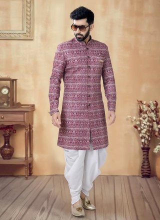 Purple Cotton Embroidered, Sequins and Thread Work Sherwani Mens Wear