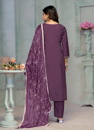 Purple Cotton Embroidered Work Readymade Salwar Suit