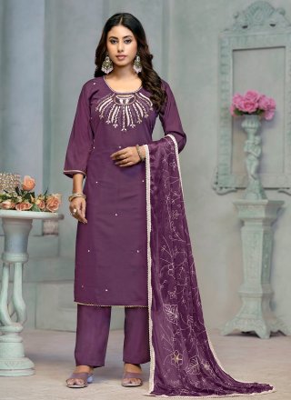 Purple Cotton Embroidered Work Readymade Salwar Suit