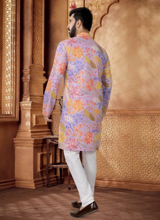 Purple Cotton Foil Print Work Kurta Pyjama for Ceremonial