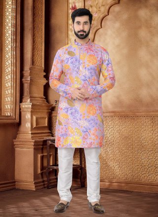 Purple Cotton Foil Print Work Kurta Pyjama for Ceremonial