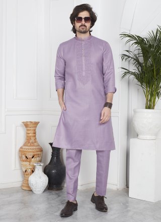 Purple Cotton Kurta Pyjama with Fancy Work