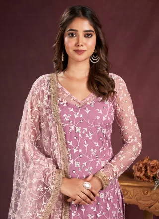 Purple Cotton Pant Style Suit with Embroidered, Sequins and Thread Work for Women