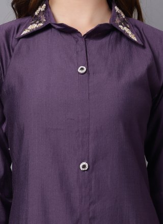 Purple Cotton Silk Casual Kurti with Buttons Work for Casual