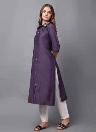 Purple Cotton Silk Casual Kurti with Buttons Work for Casual