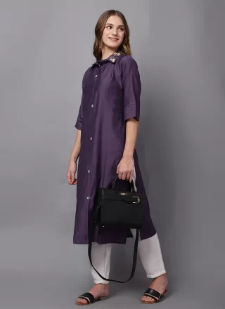 Purple Cotton Silk Casual Kurti with Buttons Work for Casual