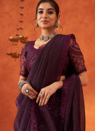 Purple Cotton Silk Patch Border, Embroidered and Sequins Work Designer Saree for Ceremonial