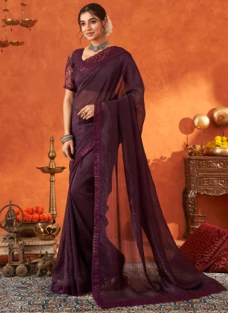 Purple Cotton Silk Patch Border, Embroidered and Sequins Work Designer Saree for Ceremonial