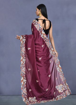 Purple Crepe Silk Traditional Saree with Embroidered and Sequins Work for Women