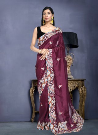 Purple Crepe Silk Traditional Saree with Embroidered and Sequins Work for Women