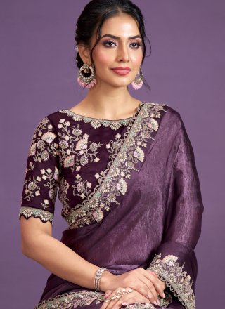 Purple Crepe Silk Trendy Saree with Embroidered, Moti, Sequins, Stone and Thread Work for Engagement