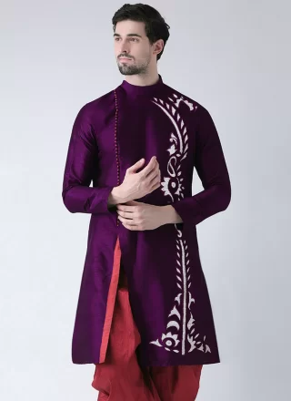 Purple Dupion Silk Angrakha Mens Wear with Embroidered Work for Men