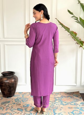 Purple Embroidered and Print Work Chanderi Pant Style Suit