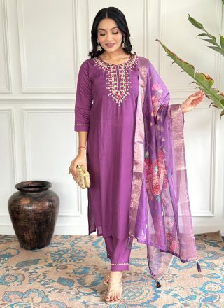 Purple Embroidered and Print Work Chanderi Pant Style Suit