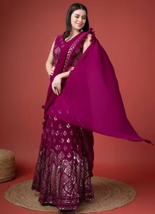 Purple Embroidered and Sequins Work Georgette Classic Saree