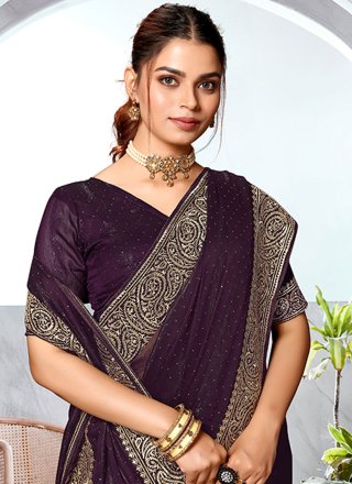 Purple Embroidered and Swarovski Work Art Silk Designer Saree