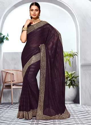 Purple Embroidered and Swarovski Work Art Silk Designer Saree