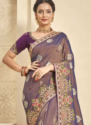 Purple Embroidered Work Khadi Silk Trendy Saree