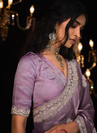 Purple Fancy Fabric Patch Border, Embroidered and Sequins Work Classic Sari for Engagement