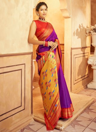 Purple Fancy Fabric Traditional Saree with Woven Work for Ceremonial