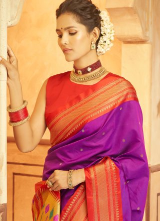 Purple Fancy Fabric Traditional Saree with Woven Work for Ceremonial