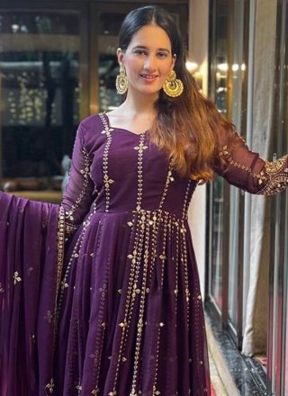 Purple Faux Georgette Anarkali Suit with Embroidered Work