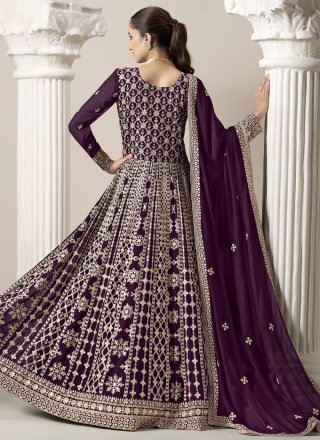 Purple Faux Georgette Anarkali Suit with Embroidered Work
