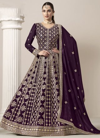 Purple Faux Georgette Anarkali Suit with Embroidered Work