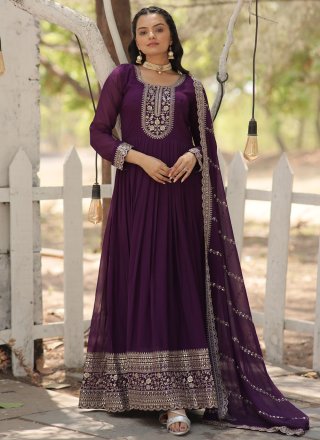 Purple Faux Georgette  Designer Gown with Embroidered and Sequins Work