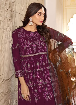 Purple Faux Georgette Designer Gown with Embroidered and Sequins Work for Engagement