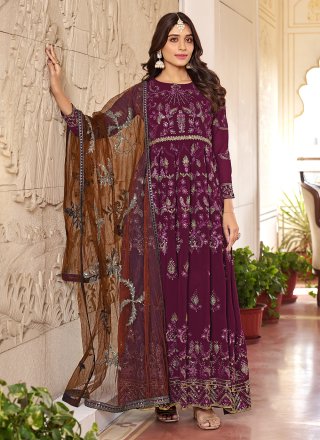 Purple Faux Georgette Designer Gown with Embroidered and Sequins Work for Engagement