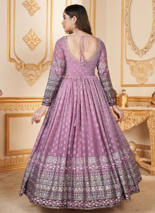 Purple Faux Georgette  Designer Gown with Foil Print Work