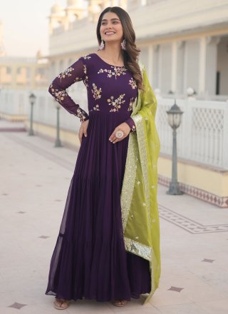 Purple Faux Georgette Embroidered and Sequins Work Gown for Ceremonial