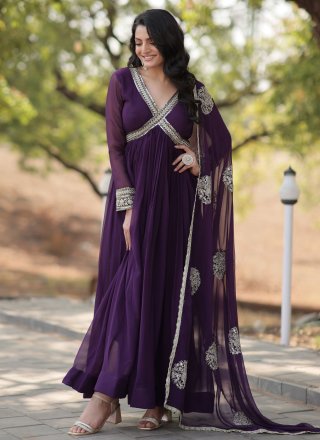Purple Faux Georgette Embroidered, Sequins and Zari Work Designer Gown