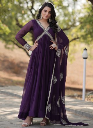 Purple Faux Georgette Embroidered, Sequins and Zari Work Designer Gown