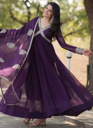 Purple Faux Georgette Embroidered, Sequins and Zari Work Designer Gown
