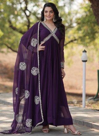 Purple Faux Georgette Embroidered, Sequins and Zari Work Designer Gown