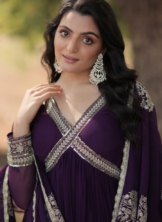 Purple Faux Georgette Embroidered, Sequins and Zari Work Designer Gown
