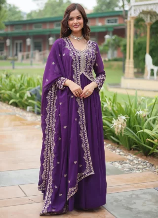 Purple Faux Georgette Embroidered, Sequins and Zari Work  Designer Gown for Festival