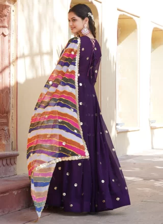 Purple Faux Georgette Embroidered, Thread and Zari Work  Designer Gown for Ceremonial