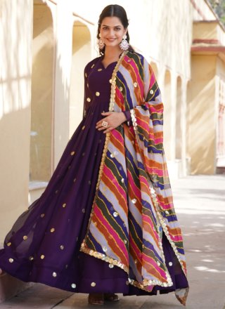 Purple Faux Georgette Embroidered, Thread and Zari Work  Designer Gown for Ceremonial