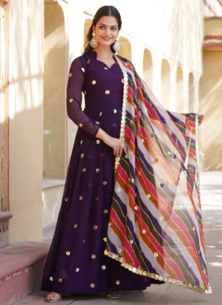 Purple Faux Georgette Embroidered, Thread and Zari Work  Designer Gown for Ceremonial