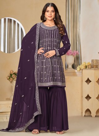 Purple Faux Georgette Embroidered Work Salwar Suit for Women