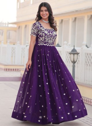 Purple Faux Georgette Gown with Embroidered and Sequins Work