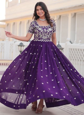 Purple Faux Georgette Gown with Embroidered and Sequins Work
